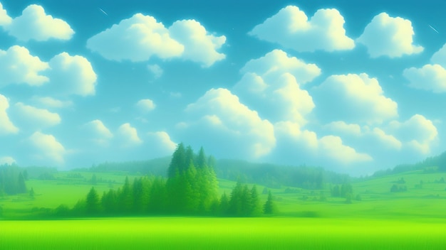 Paysage de prairie de dessin animé champs verts d'été vue colline de pelouse de printemps et ciel bleu