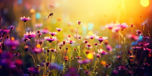 Paysage de prairie de fleurs colorées dans les lumières du fond nature soleil