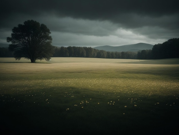 Paysage de prairie sombre, lumière de film vintage de mauvaise humeur