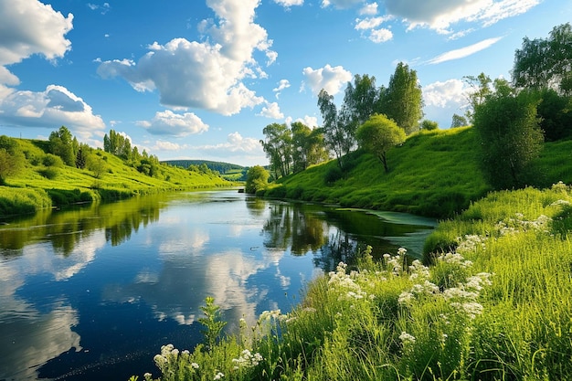 Photo paysage de printemps avec des arbres verts près de la rivière et un ciel bleu pittoresque avec des nuages blancs