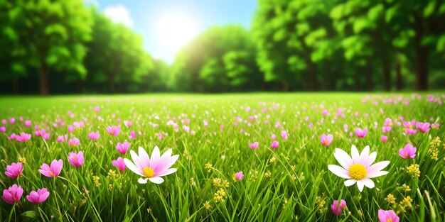 Paysage de printemps champ en fleurs avec de l'herbe verte fleurs blanches et roses ciel bleu avec le soleil et les nuages forêt illustration de la nature IA générative