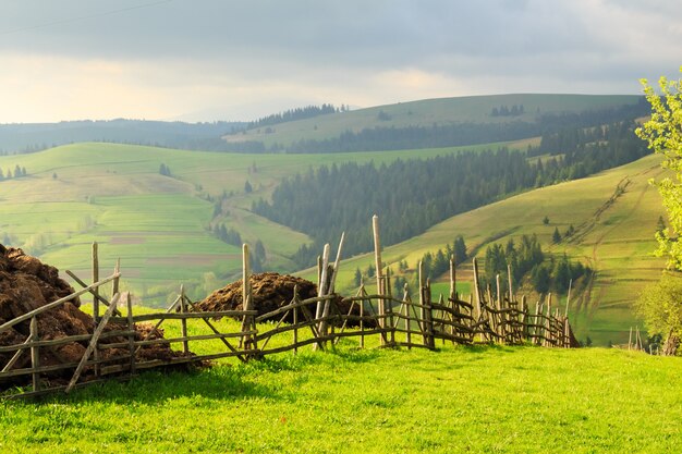 Paysage de printemps dans les montagnes des Carpates avec clôture