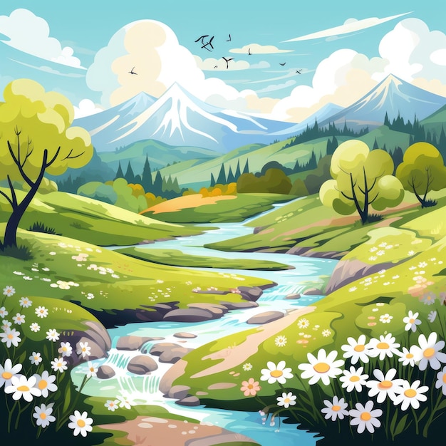 Un paysage de printemps de dessin animé capricieux Une illustration vectorielle vibrante sur fond blanc