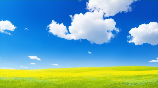 Paysage de printemps ou d'été avec des fleurs de prairie et un ciel bleu avec des nuages par Generative AI