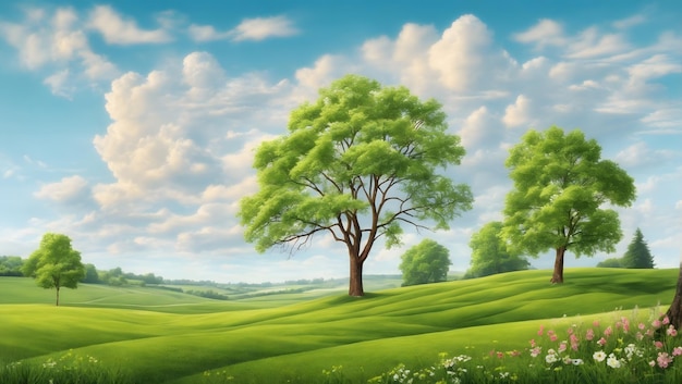 Paysage de printemps et d'été vectoriel Illustration avec arbres nuages prairie d'herbe verte