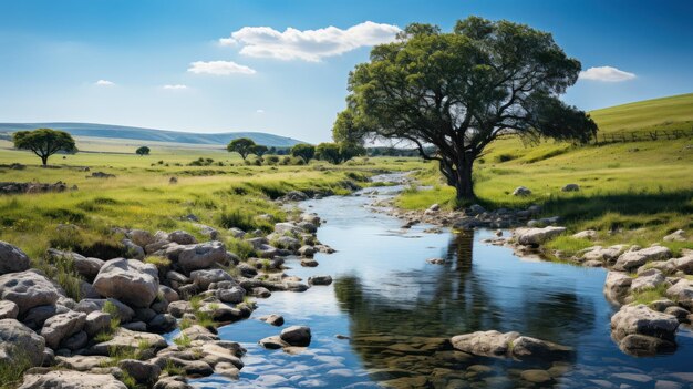 Paysage de printemps parfait et prairie matinale près de la rivière avec des arbres à feuilles caduques