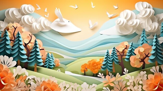 Photo paysage de printemps prairies collines fleurs arbres et nuages en sculpture en papier fond de pâques