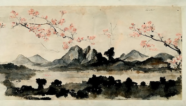Paysage de printemps avec sakura et montagnes art oriental