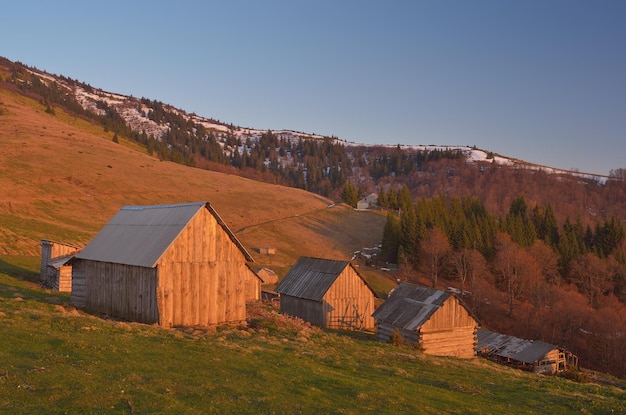 Paysage de printemps avec village en bois de bergers dans les montagnes. Lumière du soleil couchant. Montagnes des Carpates, Ukraine, Europe