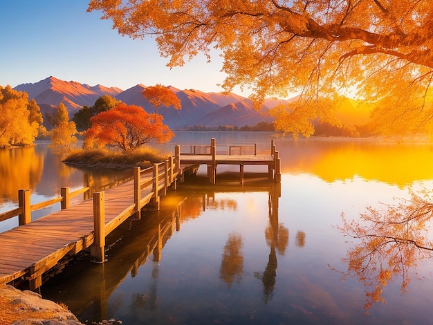 Photo paysage remarquable du lac wanaka d'automne coloré avec le lever du soleil dans l'image ai du matin frais