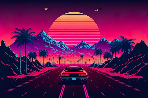 Paysage rétro en fond de couleurs violettes rétro Synthwave