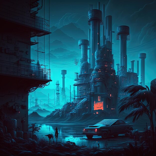 Paysage rétro synthwave dans le style des années 80 avec une vieille usine dans le quartier industriel de la ville et des lumières au néon