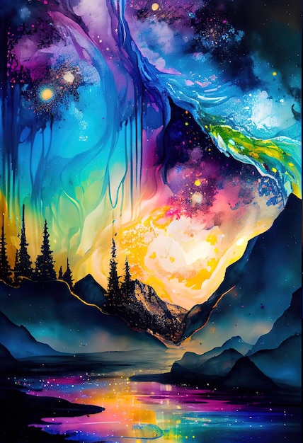 Paysage de rêve fantastique glaciaire pittoresque mystique aurore générée par Ai