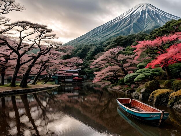 Le paysage rêveur du mont Fuji japonais avec des cerisiers en fleurs et un lac avec un bateau dessus Illustration