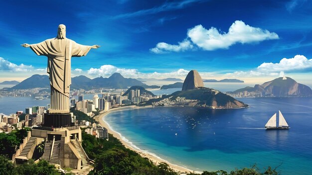 Paysage de Rio de Janeiro entouré par la mer sous un ciel bleu au Brésil