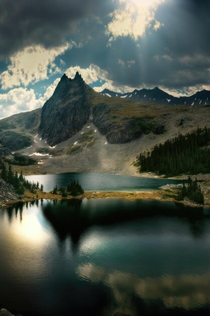 Paysage avec rivière de montagnes et ciel avec nuages créés à l'aide de la technologie générative ai