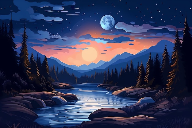 Un paysage avec une rivière et des montagnes la nuit avec la lune en arrière-plan.