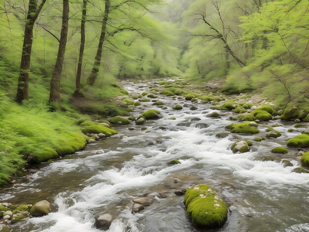 Paysage de rivière de printemps flux rapide dans une forêt de montagne au printemps