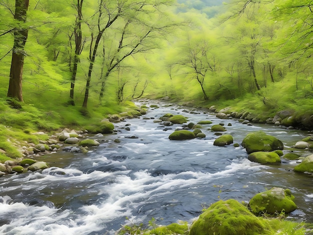 Paysage de rivière de printemps flux rapide dans une forêt de montagne au printemps