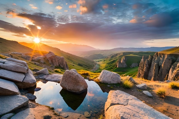 Un paysage avec des rochers et un lac au premier plan