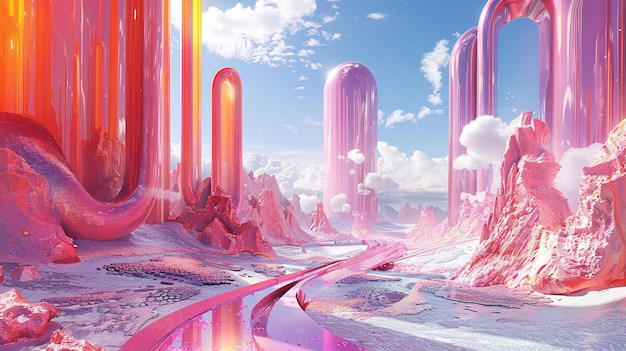 Paysage rose futuriste avec une architecture fluide