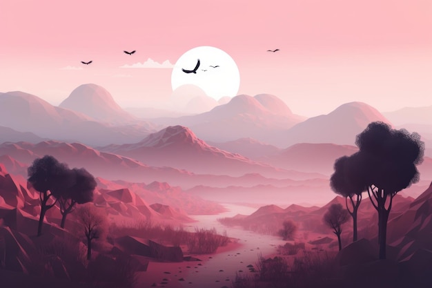 Un paysage rose avec des montagnes et une montagne avec des oiseaux qui volent au-dessus.