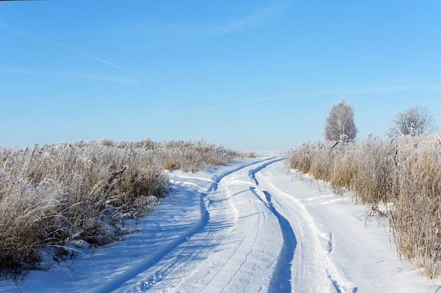 Paysage avec route de campagne en journée d'hiver ensoleillée.