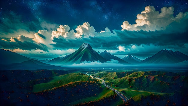 Un paysage avec une route et des montagnes en arrière-plan