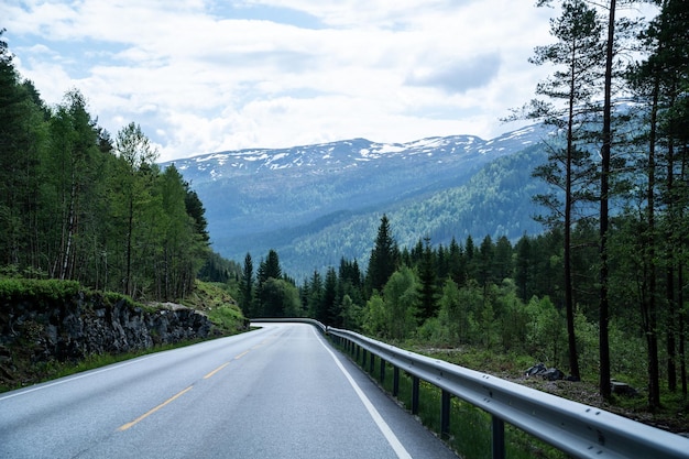 Paysage d'une route sinueuse à travers une forêt avec des montagnes enneigées en arrière-plan