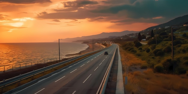 Paysage routier au coucher du soleil coloré Vue sur la mer paysage marin coloré avec une belle route