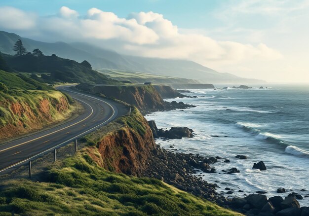 Photo paysage routier dans les montagnes à côté de la mer généré par l'ia