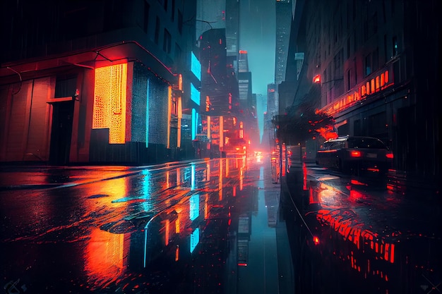 Paysage de rue pluvieux futuriste AI générative AI générative