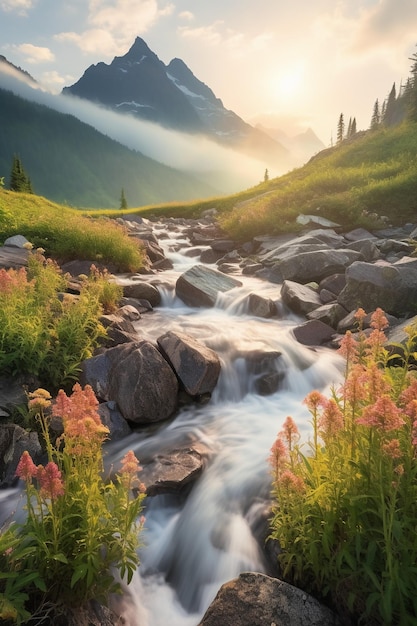 Un paysage avec un ruisseau de montagne et des fleurs