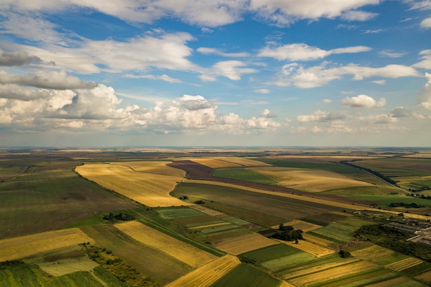 Paysage rural aérien avec des champs d'agriculture rapiécés jaunes et un ciel bleu avec des nuages blancs.