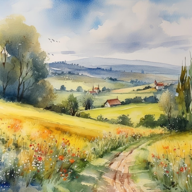 Paysage rural aquarelle avec prairie