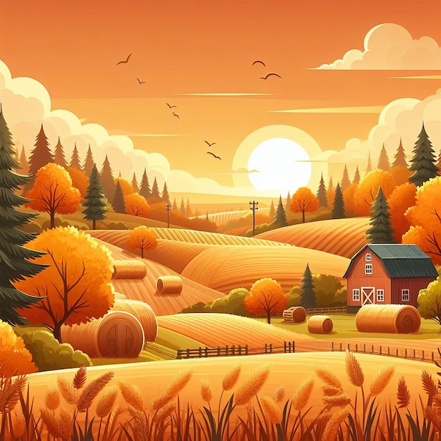 Paysage rural d'automne champs agricoles et arbres forestiers avec coucher de soleil au ciel orange fond de dessin animé vectoriel