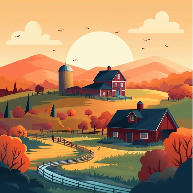 Paysage rural d'automne avec village et ferme Illustration de dessin animé