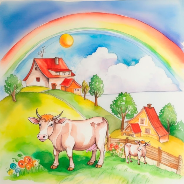 Paysage rural aux couleurs pastel Une vache dans un pré parmi les collines sous un arc-en-ciel