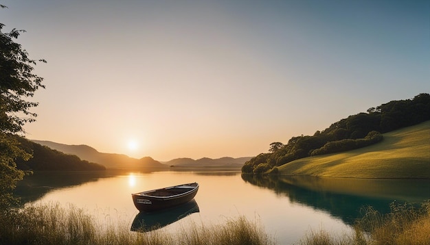 Un paysage rural calme et paisible avec un ciel bleu clair et un lever de soleil doré avec un bateau solitaire