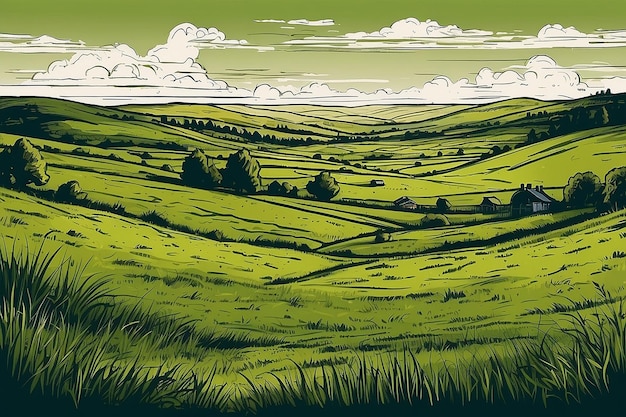 Le paysage rural, le champ d'herbe verte sur les collines roulantes