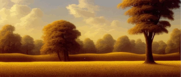 Photo paysage rural avec champs de blé et arbres jaunes et ciel en arrière-plan
