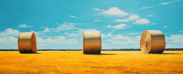 Photo paysage rural avec des champs de blé et des balles de foin sur un fond bleu