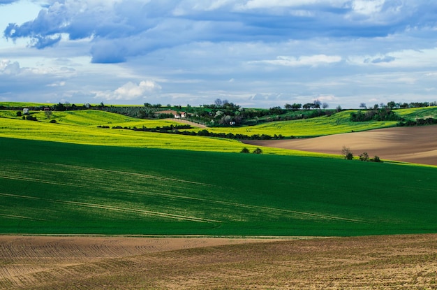 Paysage rural avec champs vagues et ciel bleu avec nuages printemps fond naturel saisonnier