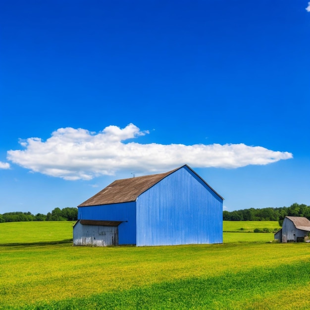 Photo paysage rural avec grange et pâturage vert sous le ciel bleu