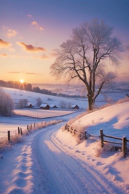 Paysage rural d'hiver au coucher du soleil