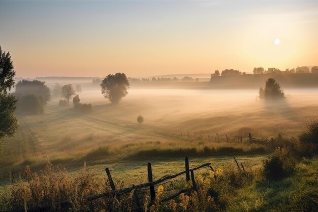 Paysage rural avec lever de soleil brouillard matinal brumeux au loin créé avec ai générative