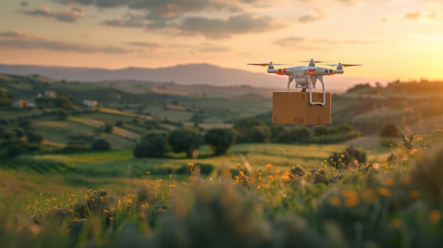 Paysage rural pittoresque avec un drone de livraison volant et transportant un colis au coucher du soleil