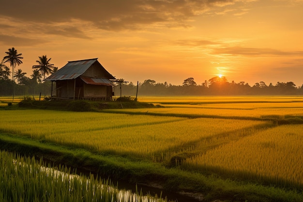 paysage rural avec des rizières et des cabanes paysage rural with rice fields and huts