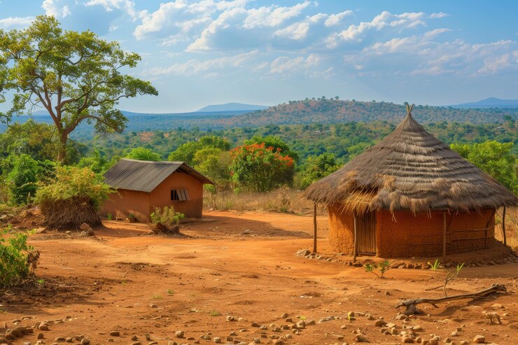 Un paysage rural serein présente des cabanes de boue traditionnelles entourées de verdure et de collines vallonnées baignées dans la chaude lumière du soleil de l'après-midi mettant en valeur la vie simple du village.