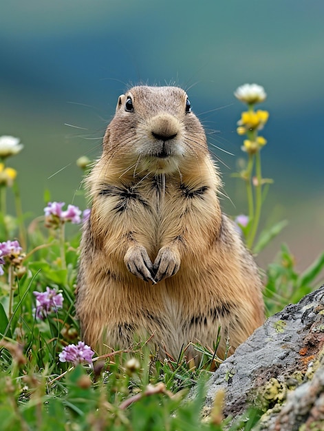 Le paysage russe est le foyer de la marmotte de montagne caucasienne ou Spermophilus musicus vue nichée dans la verdure